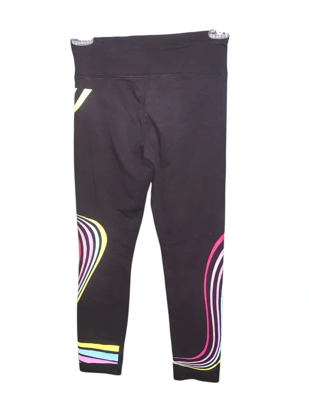 Justice Black Leggings with Neon Pink, Yellow & Aqua Stripe Accents Girls Medium